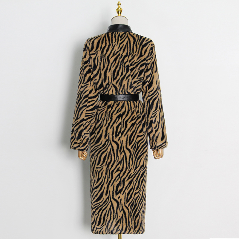 European style long overcoat pinched waist zebra cotton coat