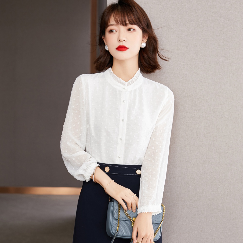 Thin autumn tops white long sleeve chiffon shirt for women