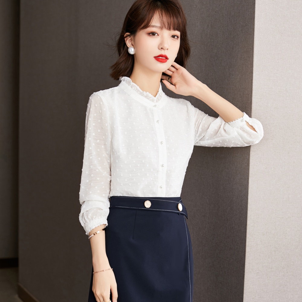 Thin autumn tops white long sleeve chiffon shirt for women