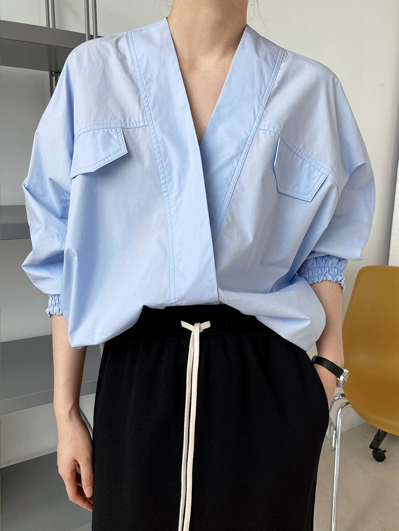 Cotton V-neck autumn bat sleeve shirt for women