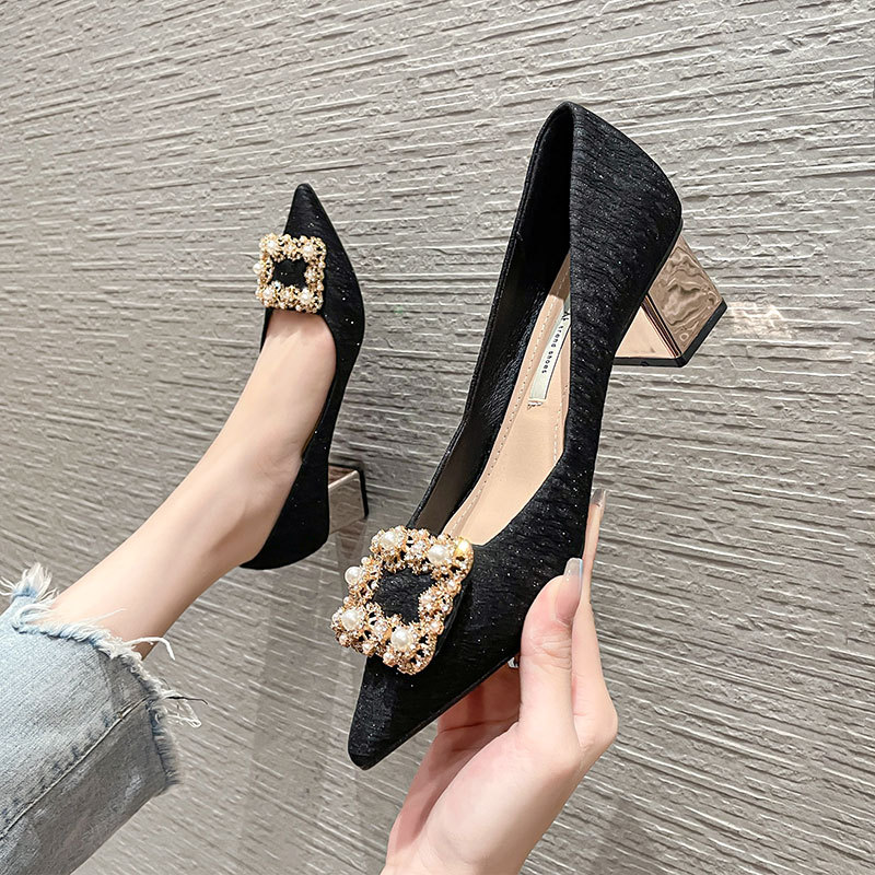 Pearl pointed shoes thick high-heeled shoes for women