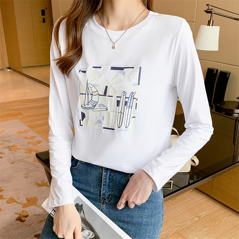 Thin printing T-shirt white long sleeve tops for women