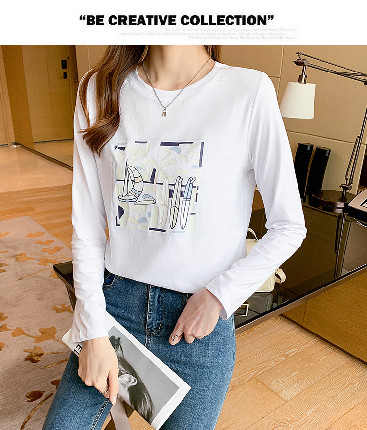 Thin printing T-shirt white long sleeve tops for women