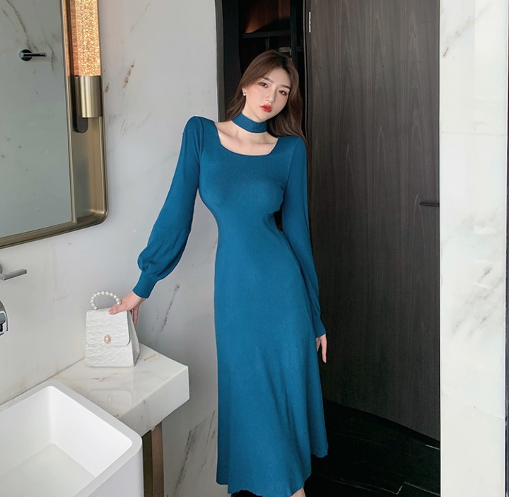 Halter retro long dress square collar dress for women