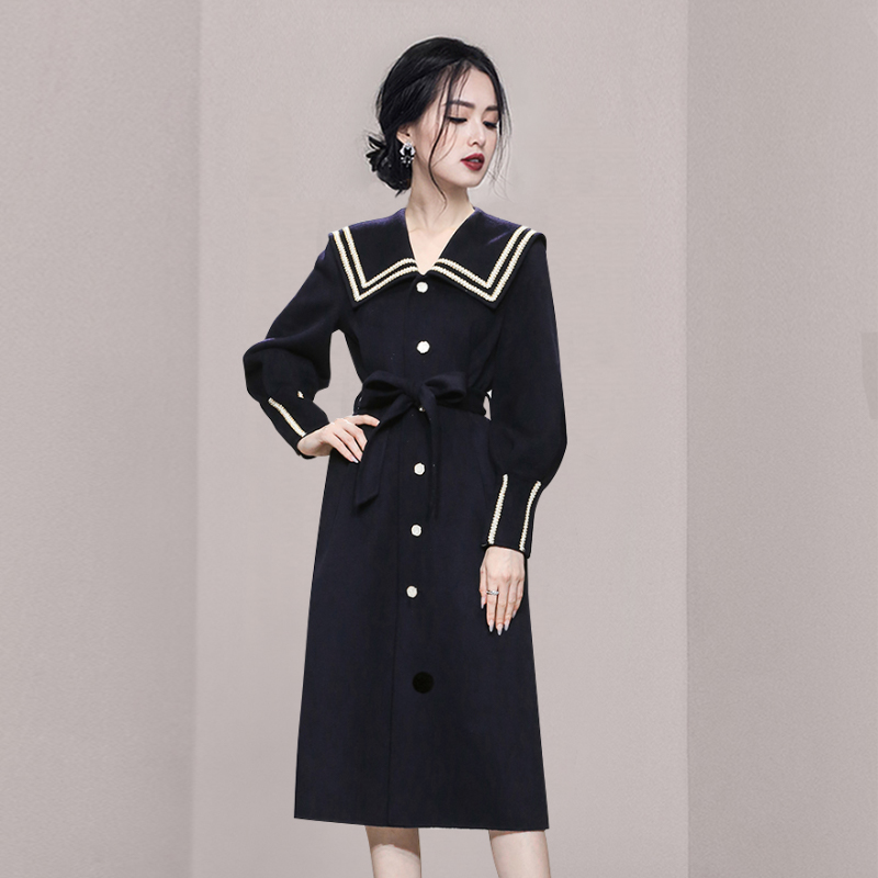 Lapel wool winter navy-blue lantern sleeve overcoat