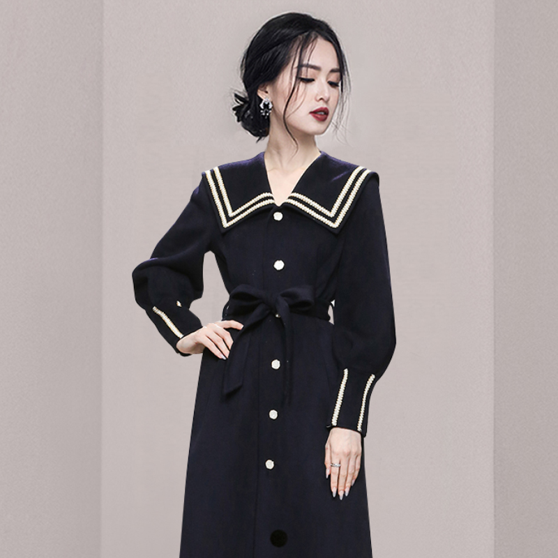 Lapel wool winter navy-blue lantern sleeve overcoat