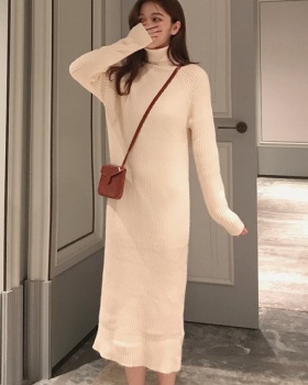 High collar long knitted exceed knee sweater dress