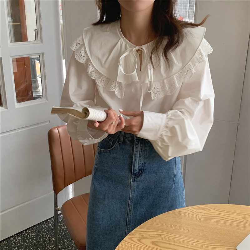 Korean style autumn large collar lace frenum shirt