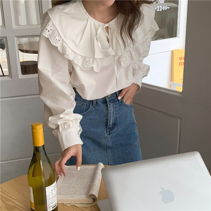 Korean style autumn large collar lace frenum shirt