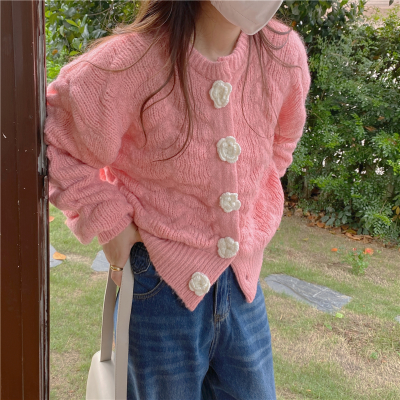 Knitted rose autumn sweater cotton fleece soft coat