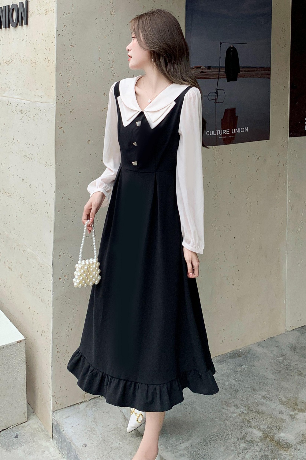 Doll collar Pseudo-two long dress temperament dress for women