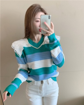 Pullover double large lapel stripe lace loose sweater