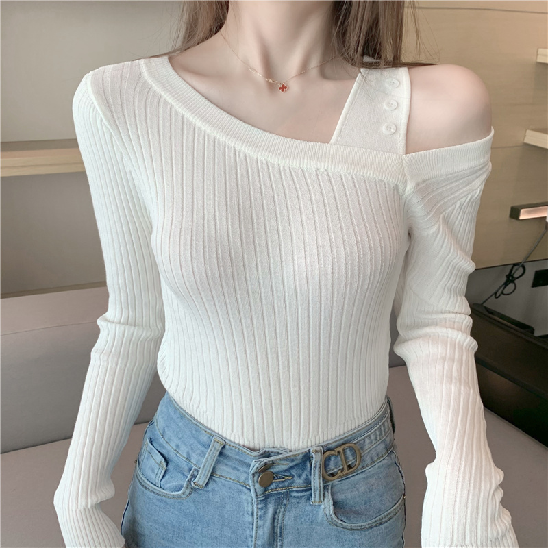 Buckle irregular collar short slim sweater for women