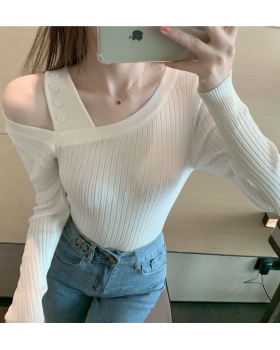 Buckle irregular collar short slim sweater for women