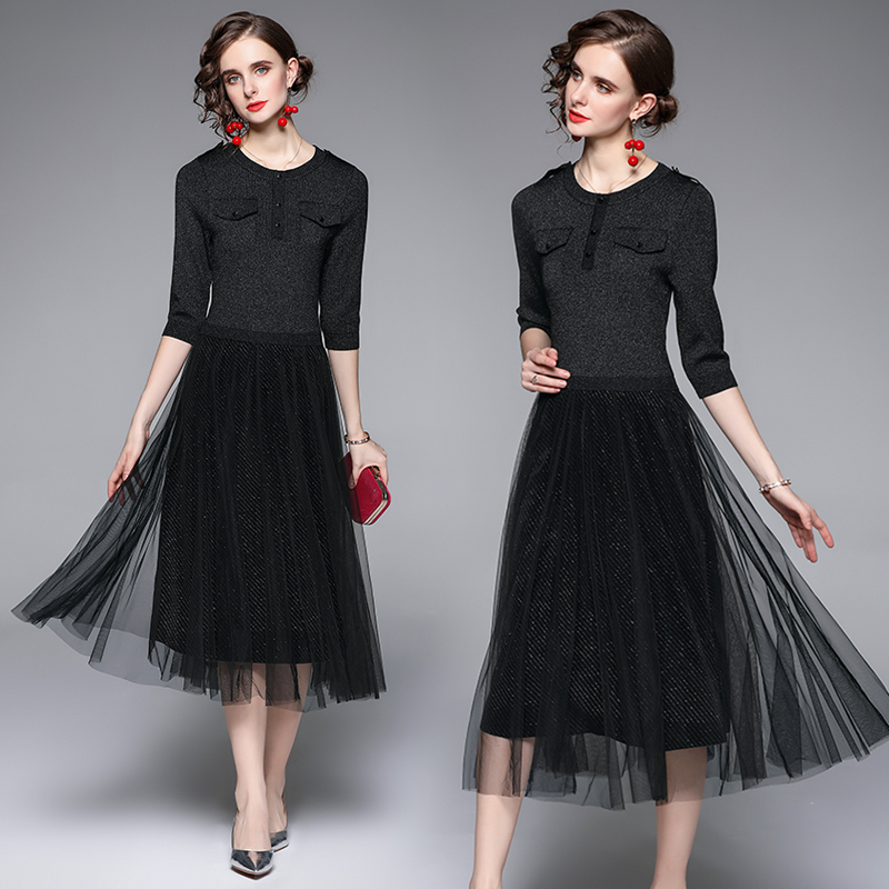 Autumn knitted middle-aged Pseudo-two Western style gauze dress