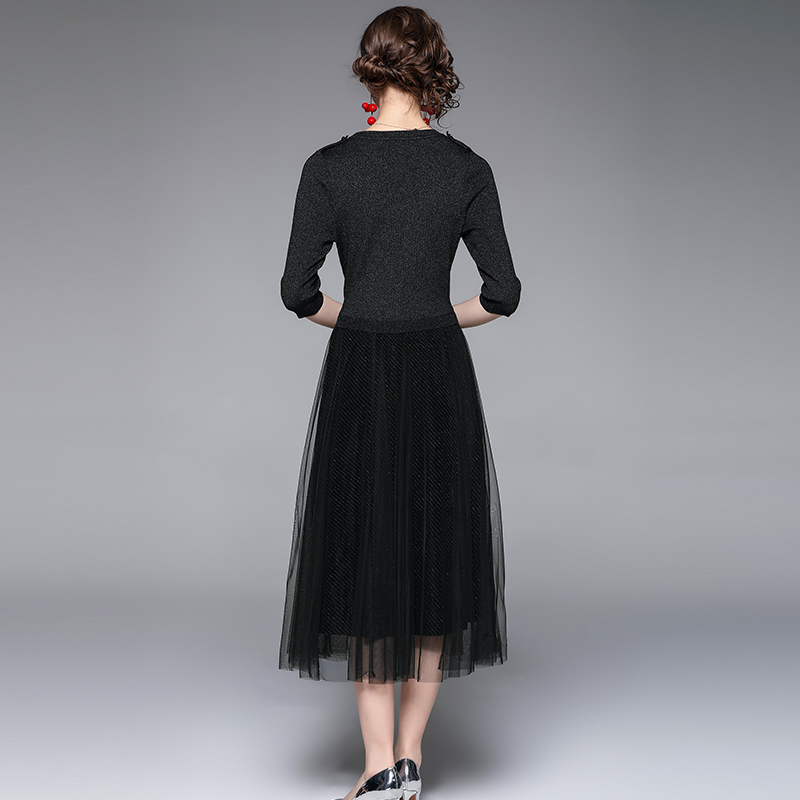 Autumn knitted middle-aged Pseudo-two Western style gauze dress