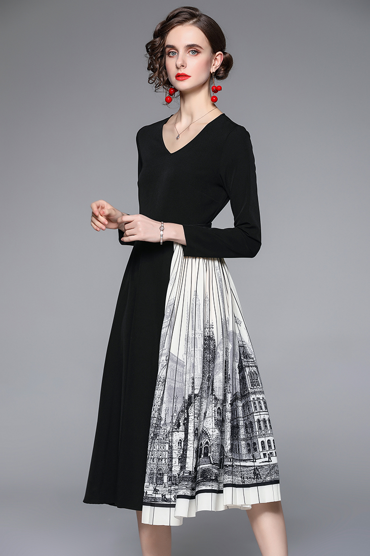 V-neck slim pleated long sleeve pinched waist dress for women