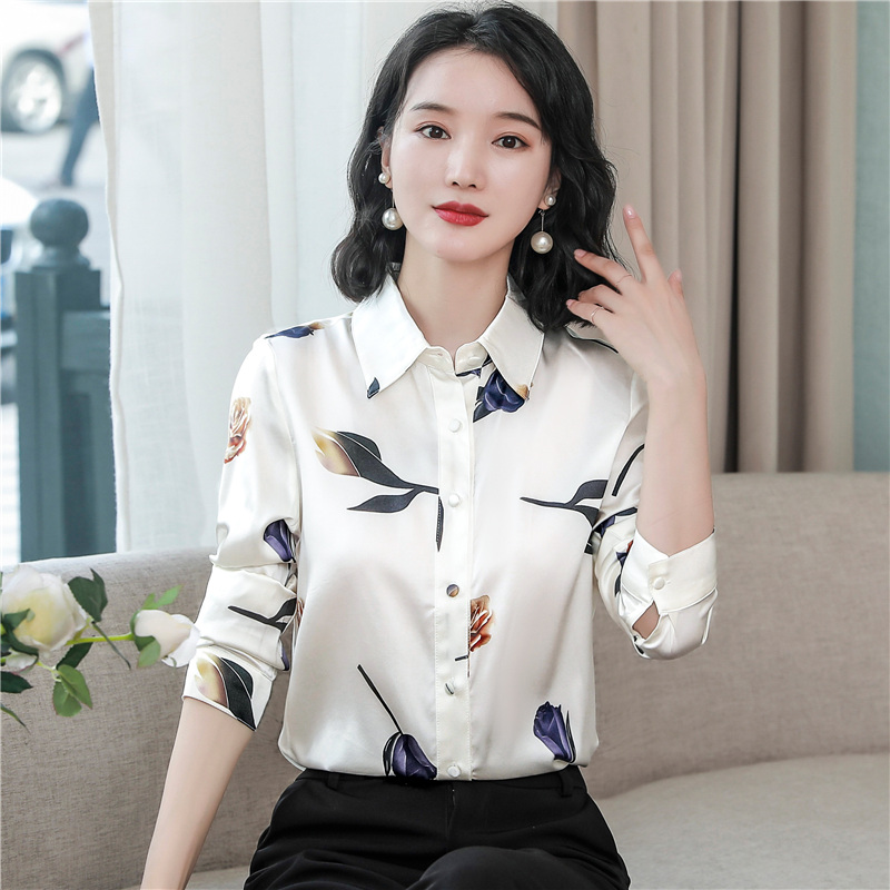 Silk long sleeve real silk tops fashion printing shirt