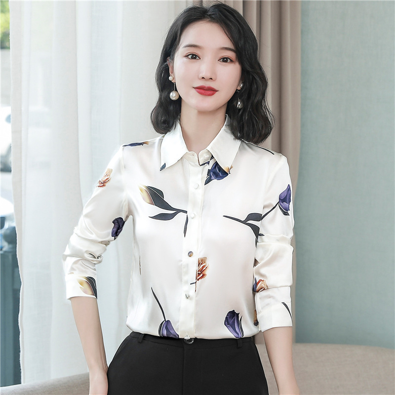 Silk long sleeve real silk tops fashion printing shirt