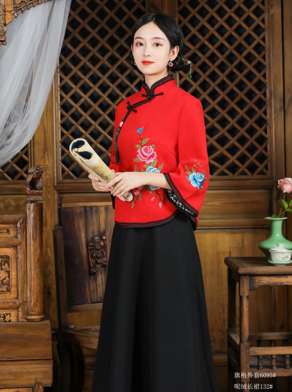 Lace hemming embroidered elegant maiden Chinese style tops