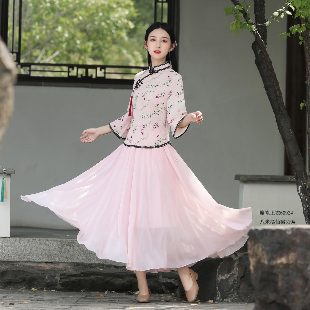 Refinement short sleeve tops big sleeve long skirt 2pcs set