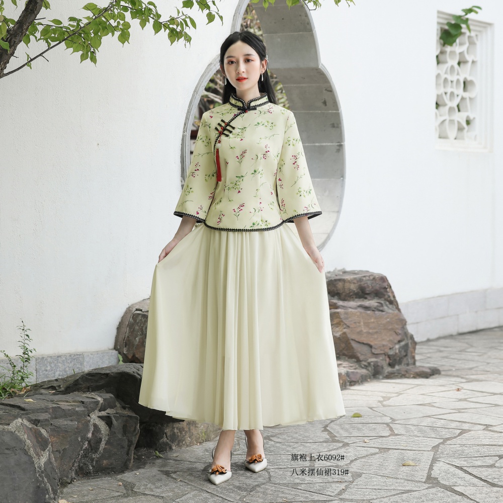 Refinement short sleeve tops big sleeve long skirt 2pcs set