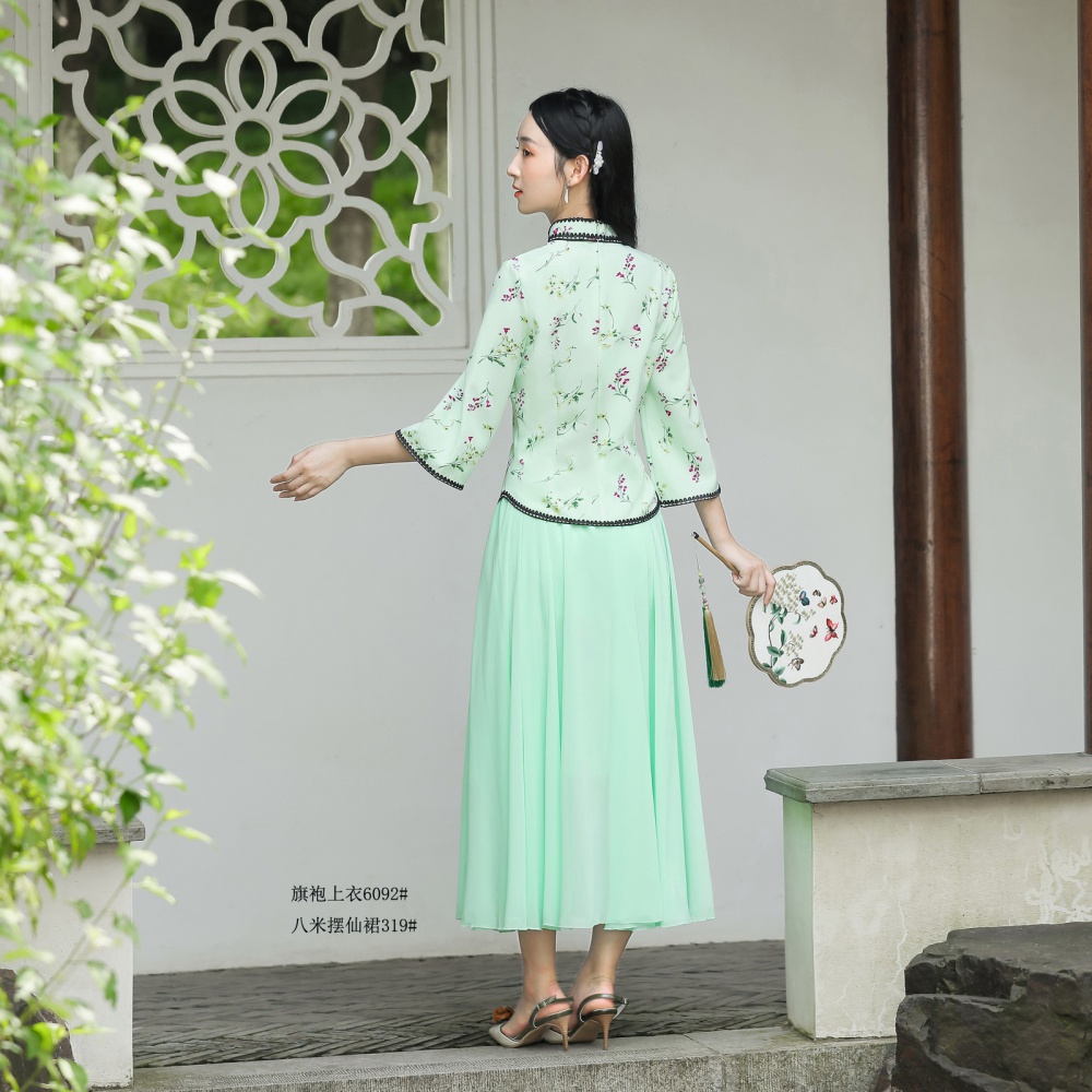 Refinement short sleeve tops big sleeve long skirt 2pcs set