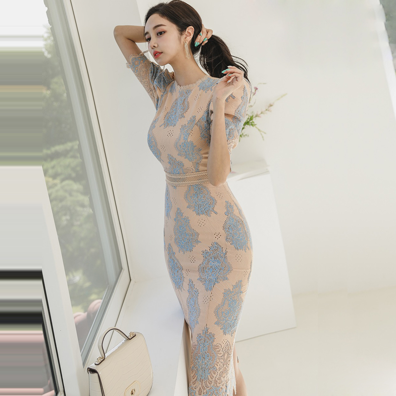 Slim splice fashion long lace Korean style dress