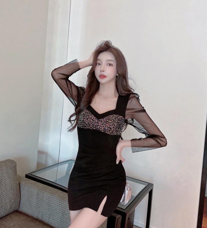 Gauze package hip autumn sexy splice perspective dress