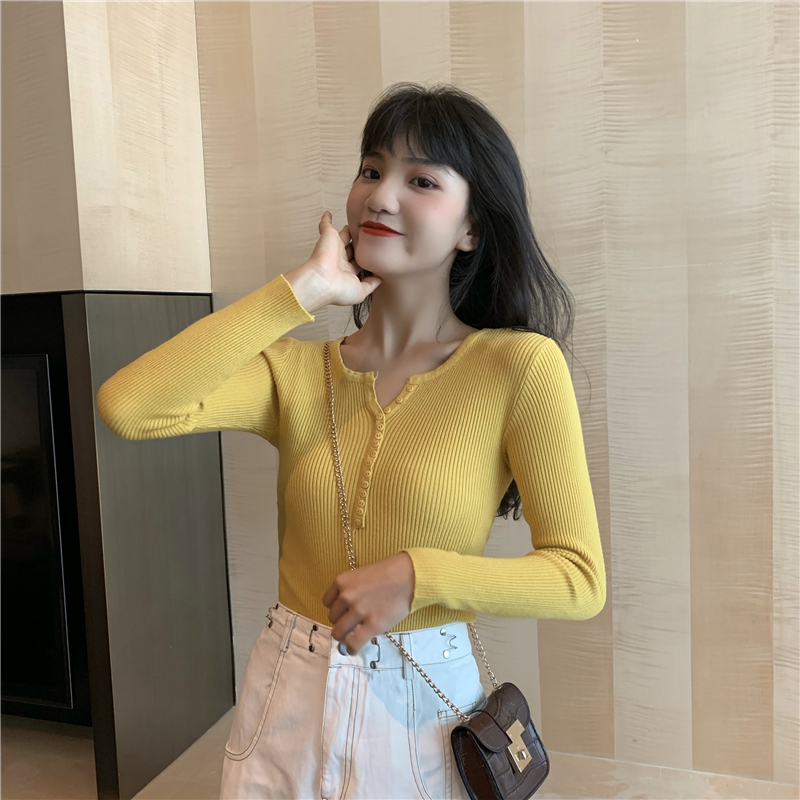 All-match Korean style small buckle sweater slim bottoming tops