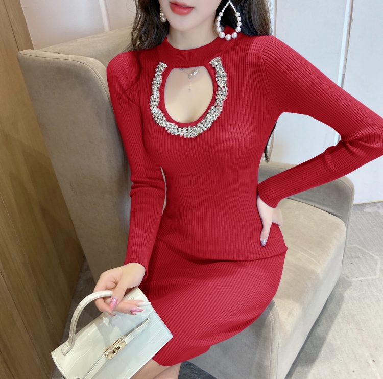 Package hip hollow knitted sweater dress long sleeve slim dress