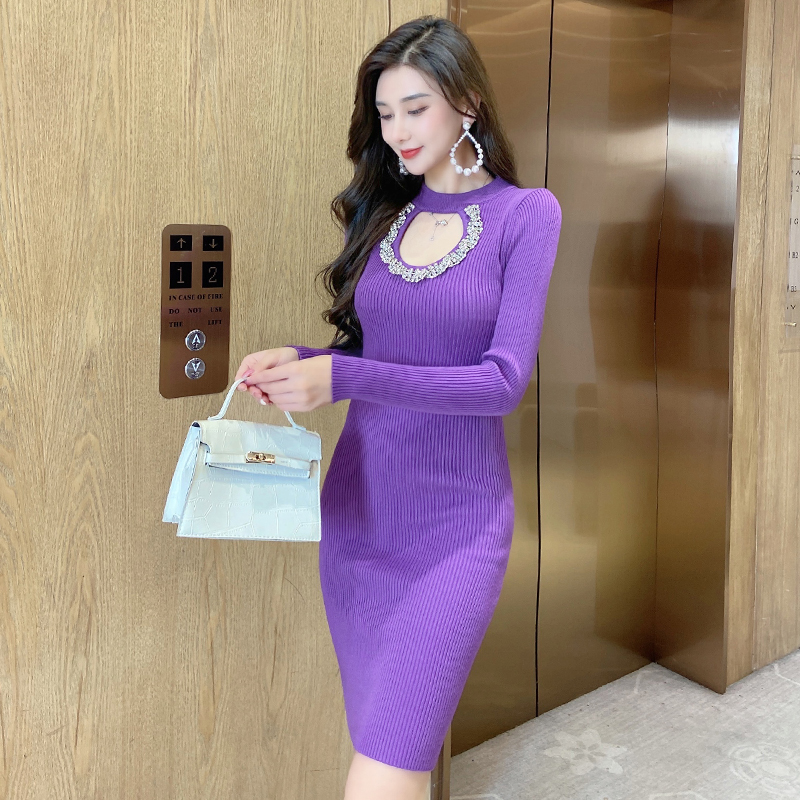 Package hip hollow knitted sweater dress long sleeve slim dress