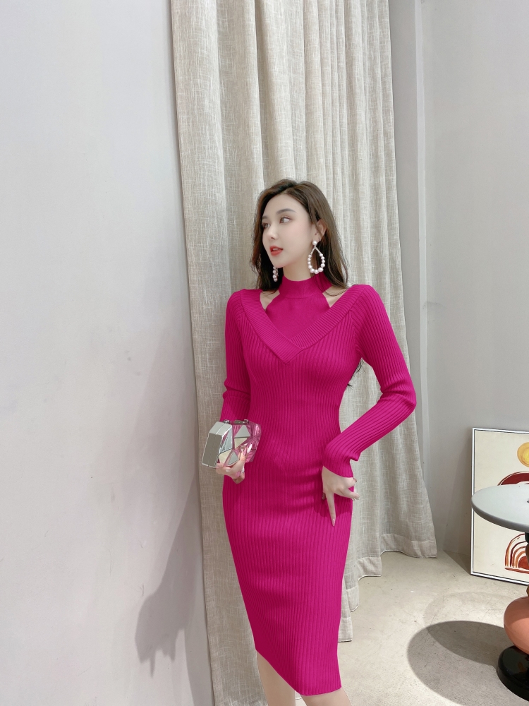 V-neck Pseudo-two package hip slim autumn and winter dress