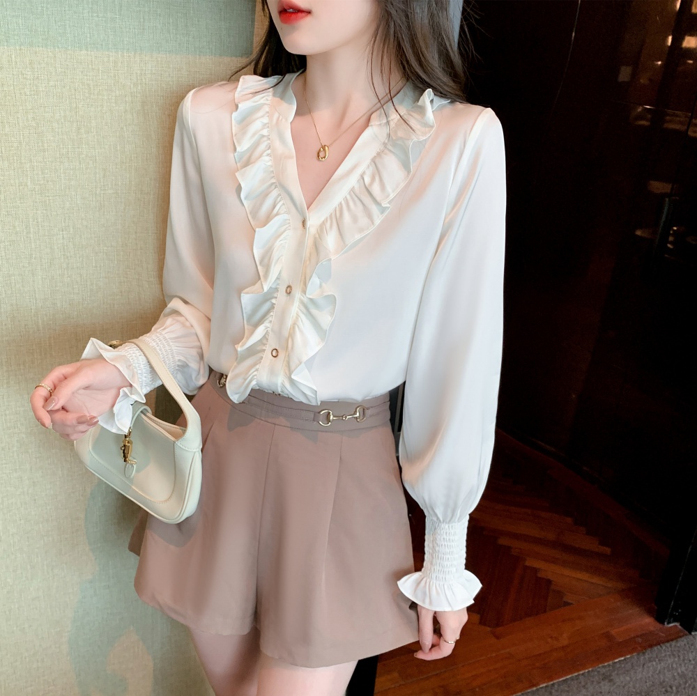 White lantern sleeve shirt temperament tops for women