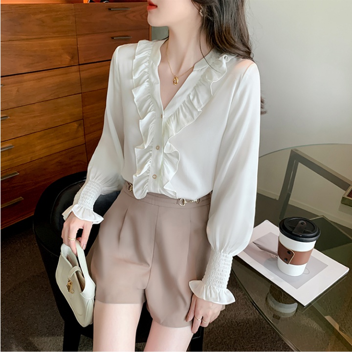 White lantern sleeve shirt temperament tops for women