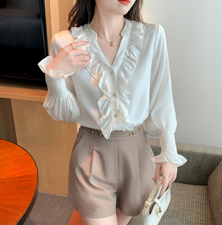 White lantern sleeve shirt temperament tops for women