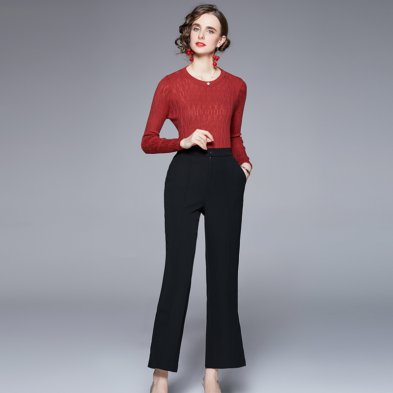 Fashion slim slit long pants long sleeve wide leg sweater