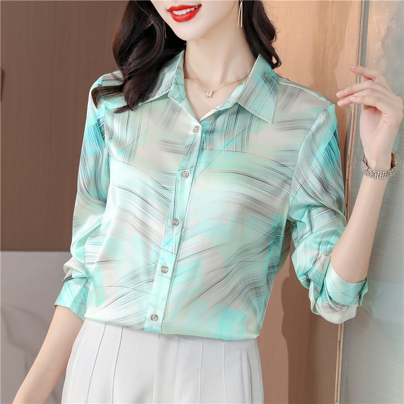 Temperament real silk silk tops autumn satin shirt for women