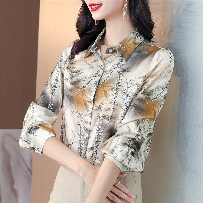 Satin temperament printing tops retro real silk shirt