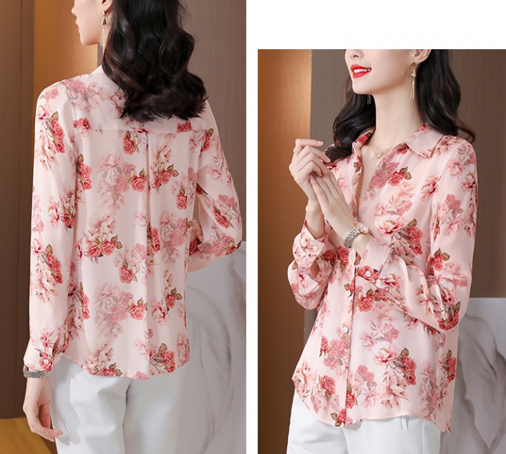 Silk slim printing shirt pink tender tops for women