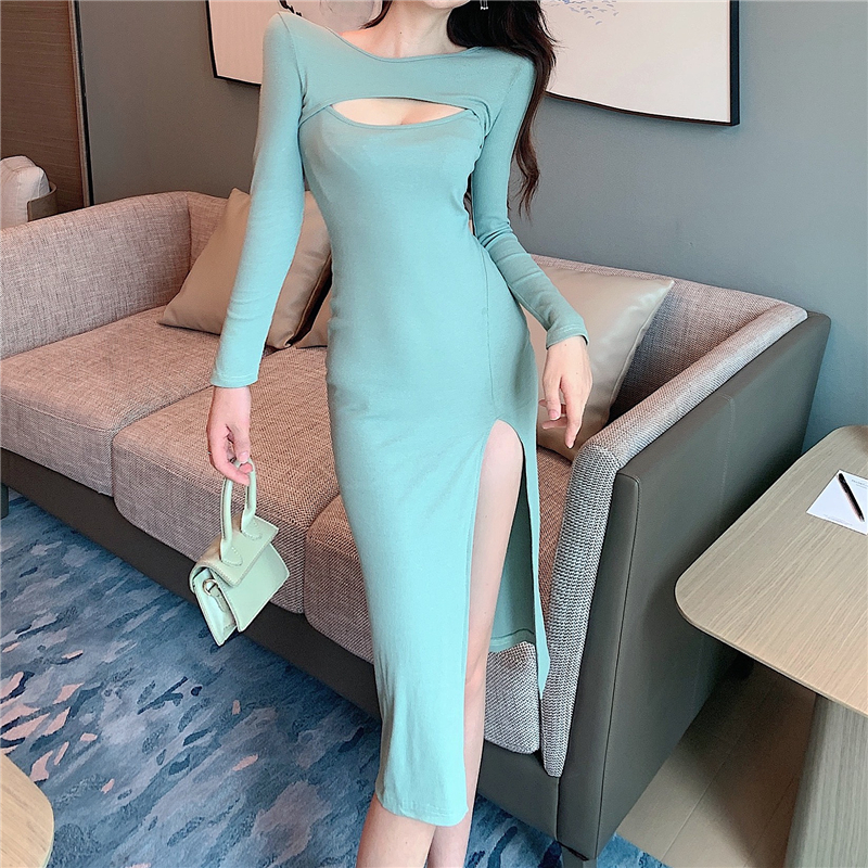 Split temperament bottoming long dress hollow sexy dress