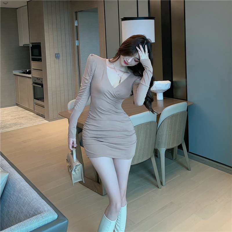 Package hip long sleeve slim sexy fold V-neck dress