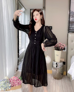 Lace puff sleeve sweet temperament pinched waist V-neck dress