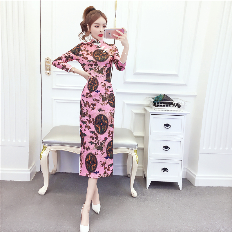 Fashion printing formal dress package hip cheongsam