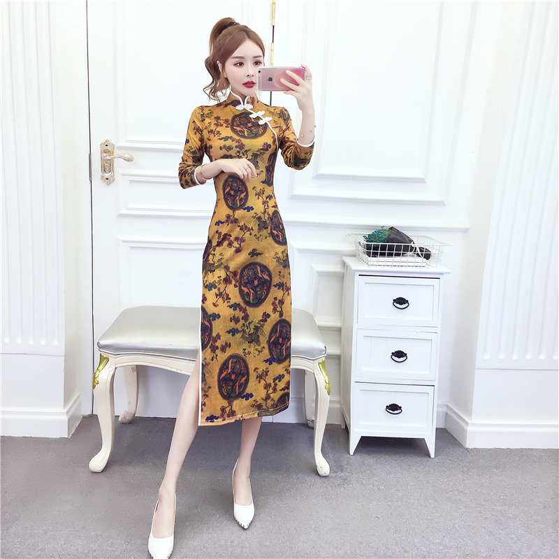 Fashion printing formal dress package hip cheongsam