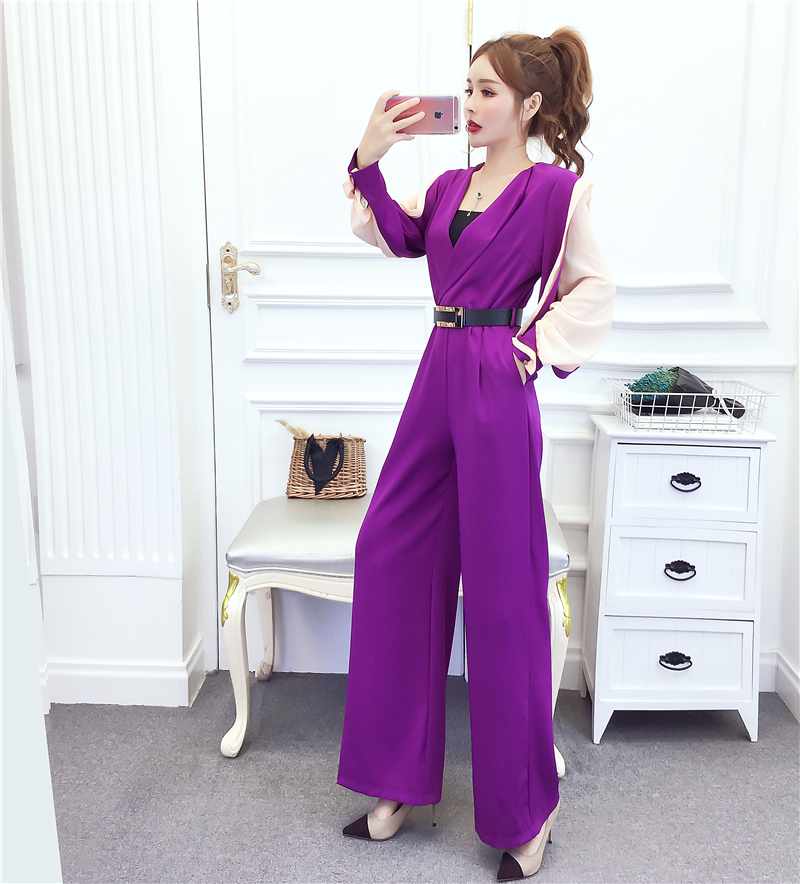 Pinched waist splice jumpsuit autumn and winter long pants