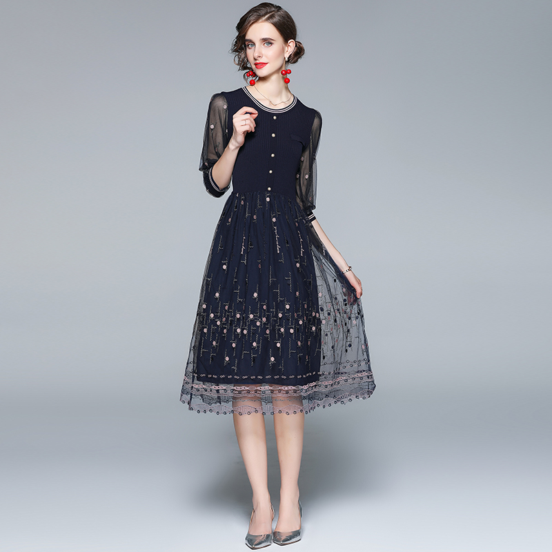 Knitted splice gauze colors spring and autumn dress