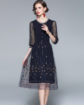 Knitted splice gauze colors spring and autumn dress