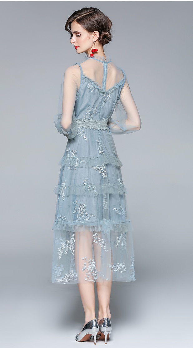 Lady temperament gauze embroidered lace long splice dress