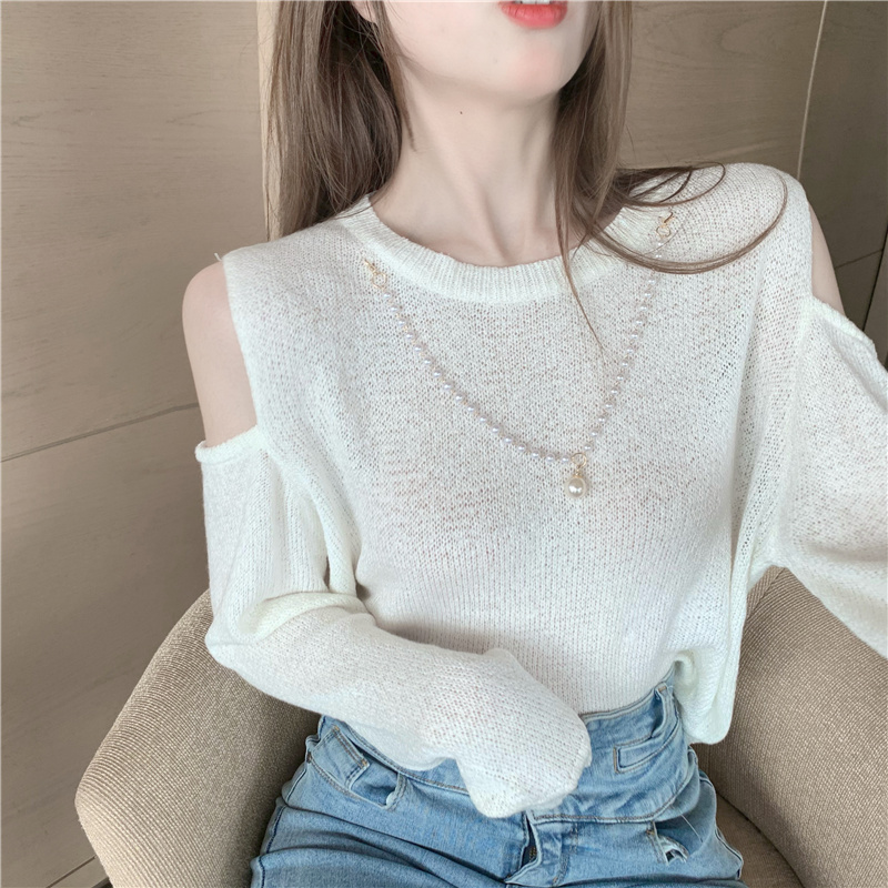 Thin round neck tops long sleeve sweater for women